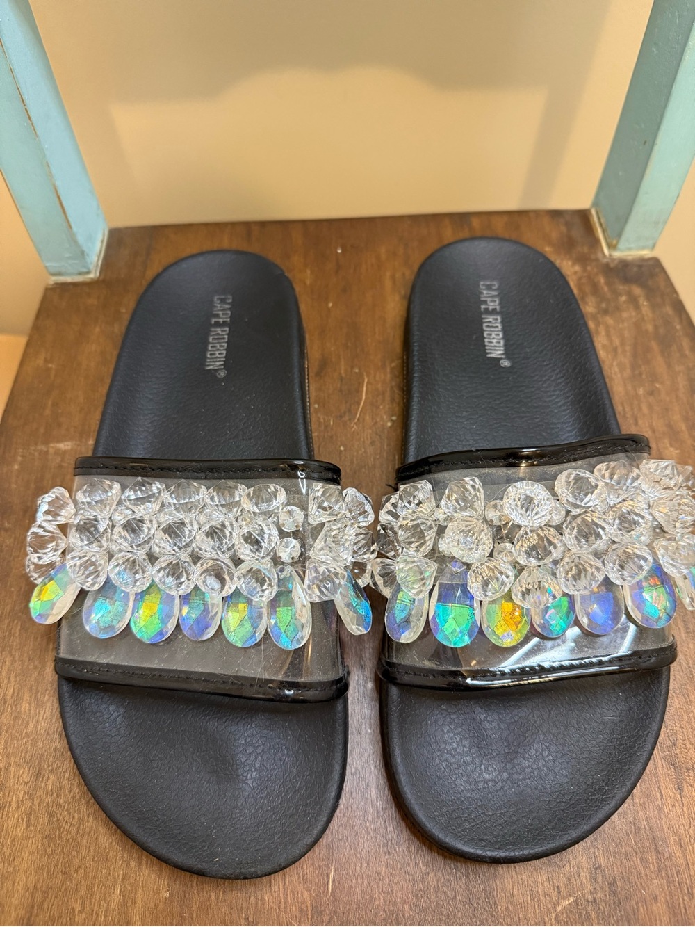 Cape Robbin Black Slide Sandals with Iridescent Crystal Teardrops